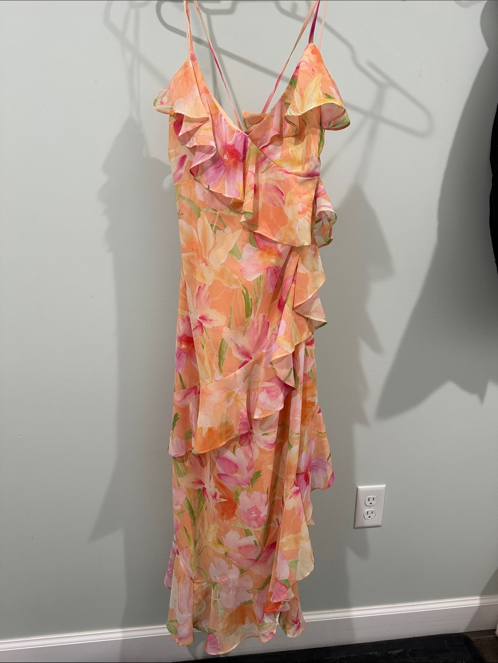 Vici Peach and Pink Floral Ruffle Maxi Dress
